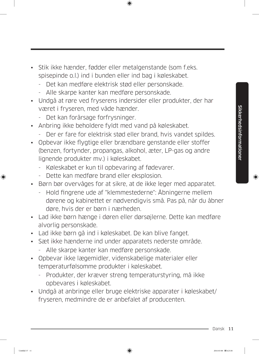 Samsung RS57K4000WW/EF, RS57K4000SA/EF, RS53K4400WW/EF, RS53K4400SA/EF manual Dansk 11  